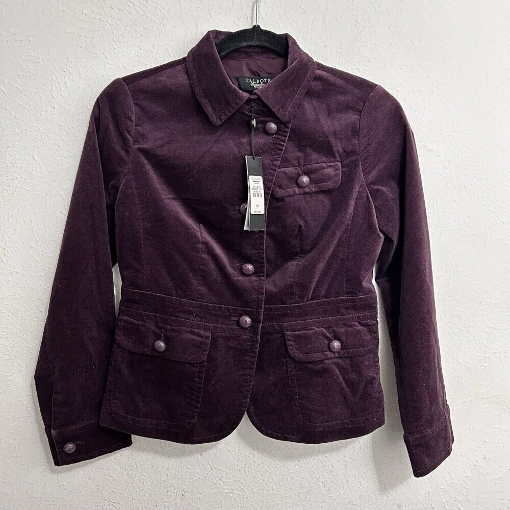Talbots Jacket Blazer Women's‎ Sz 0P Purple Plum Velvet Feel Button Up Business